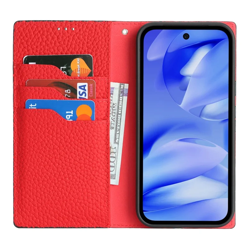 For Google Pixel 10a Wallet Case Genuine Cow Leather Phone Cover Litchi Texture - Black