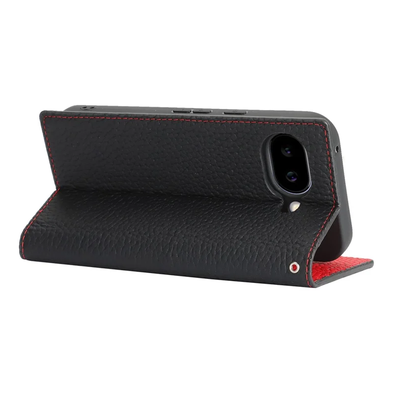 For Google Pixel 10a Wallet Case Genuine Cow Leather Phone Cover Litchi Texture - Black