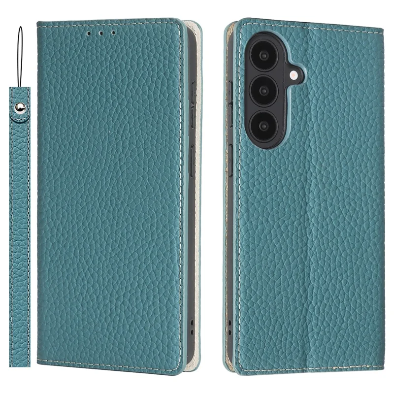 For Samsung Galaxy S26 Wallet Case Genuine Cow Leather Phone Cover Litchi Texture - Sky Blue
