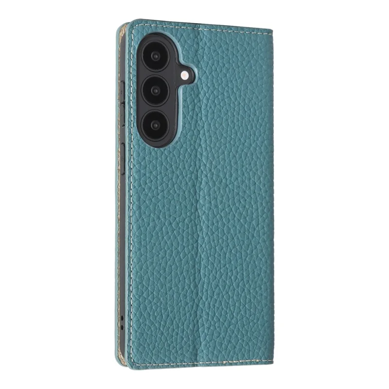 For Samsung Galaxy S26 Wallet Case Genuine Cow Leather Phone Cover Litchi Texture - Sky Blue