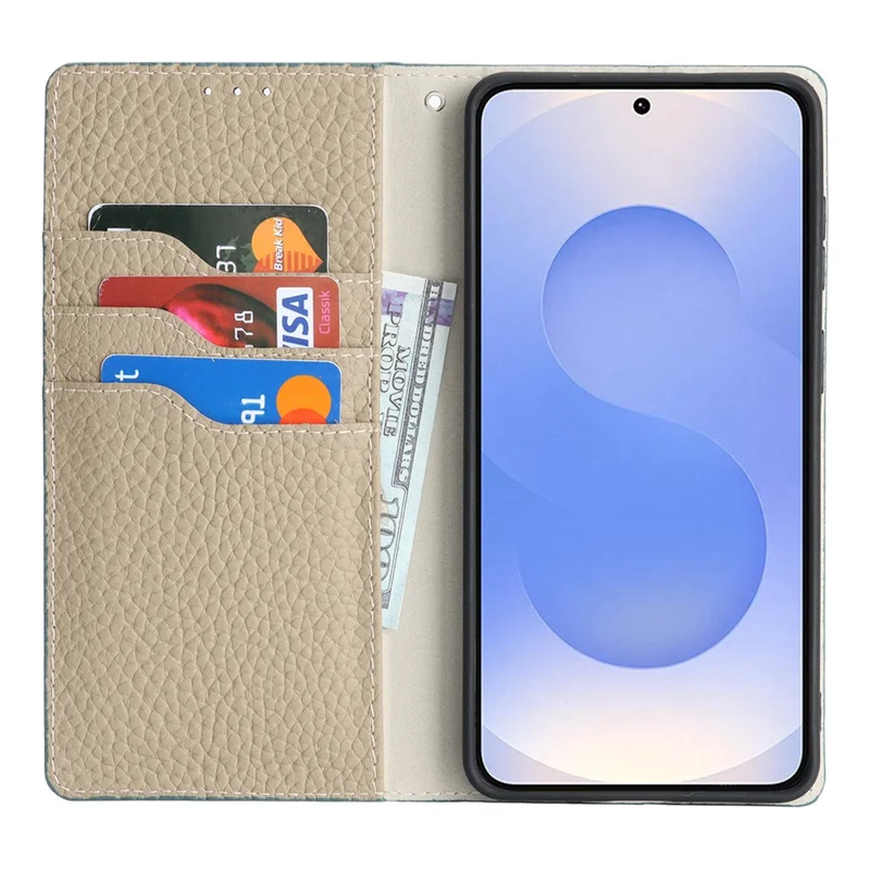 For Samsung Galaxy S26 Wallet Case Genuine Cow Leather Phone Cover Litchi Texture - Sky Blue