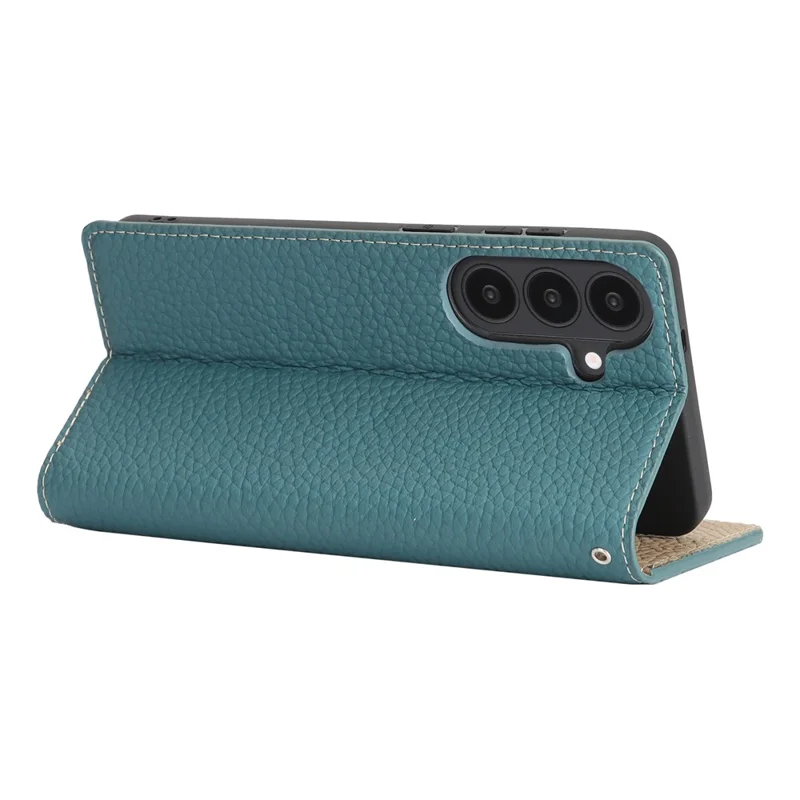 For Samsung Galaxy S26 Wallet Case Genuine Cow Leather Phone Cover Litchi Texture - Sky Blue