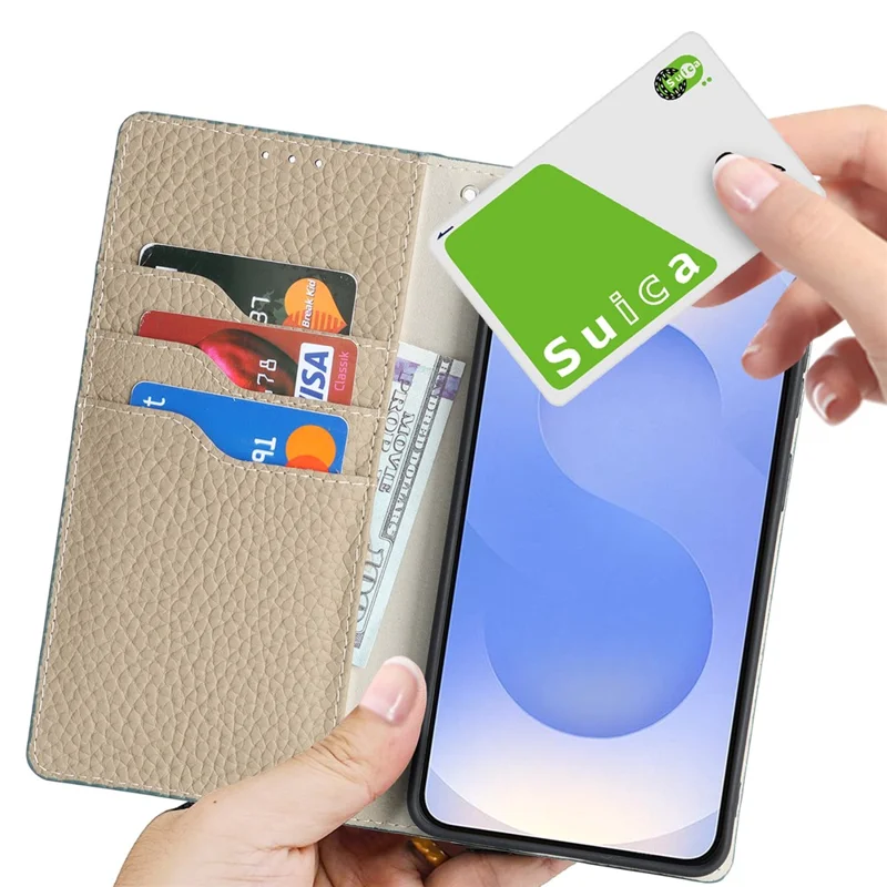 For Samsung Galaxy S26 Wallet Case Genuine Cow Leather Phone Cover Litchi Texture - Sky Blue