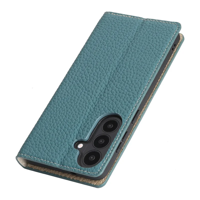 For Samsung Galaxy S26 Wallet Case Genuine Cow Leather Phone Cover Litchi Texture - Sky Blue