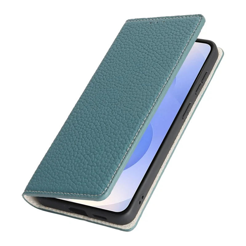 For Samsung Galaxy S26 Wallet Case Genuine Cow Leather Phone Cover Litchi Texture - Sky Blue