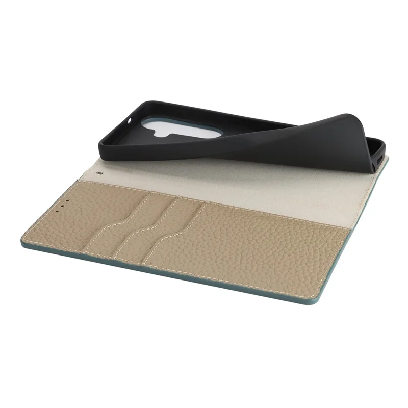 For Samsung Galaxy S26 Wallet Case Genuine Cow Leather Phone Cover Litchi Texture - Sky Blue