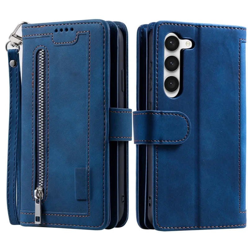 Leather Phone Case for Samsung Galaxy S23 Anti-Fall Protective Cover Multi Card Slot Phone Case with Zipper Wallet / Strap - Blue