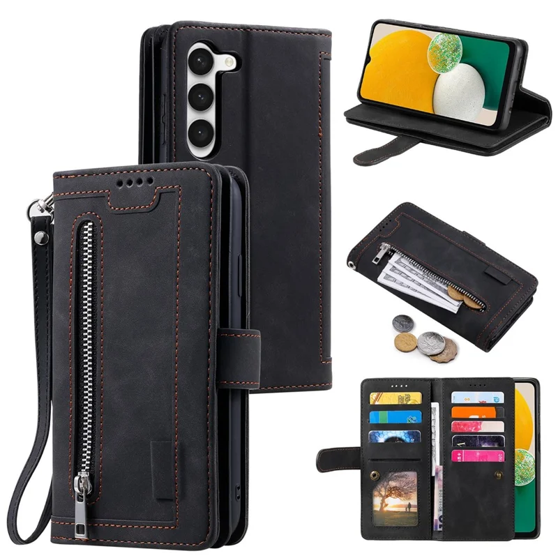 Leather Phone Case for Samsung Galaxy S23 Anti-Fall Protective Cover Multi Card Slot Phone Case with Zipper Wallet / Strap - Black