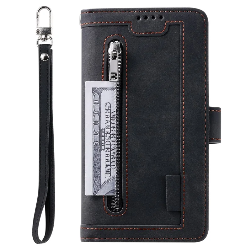 Leather Phone Case for Samsung Galaxy S23 Anti-Fall Protective Cover Multi Card Slot Phone Case with Zipper Wallet / Strap - Black