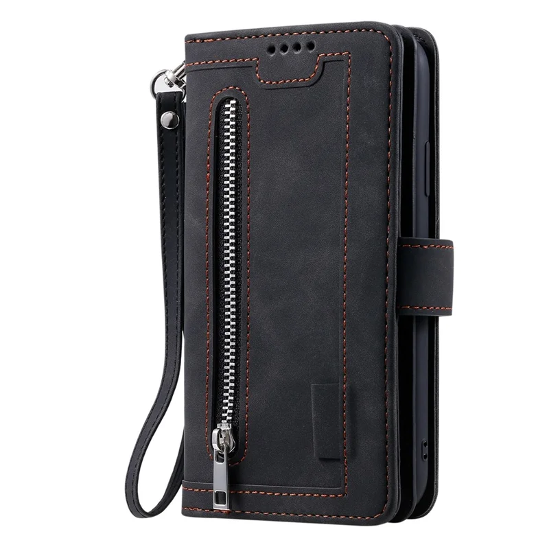 Leather Phone Case for Samsung Galaxy S23 Anti-Fall Protective Cover Multi Card Slot Phone Case with Zipper Wallet / Strap - Black
