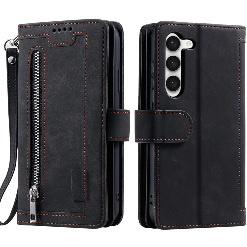 Leather Phone Case for Samsung Galaxy S23 Anti-Fall Protective Cover Multi Card Slot Phone Case with Zipper Wallet / Strap - Black