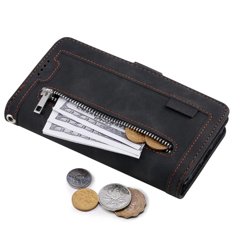 Leather Phone Case for Samsung Galaxy S23 Anti-Fall Protective Cover Multi Card Slot Phone Case with Zipper Wallet / Strap - Black