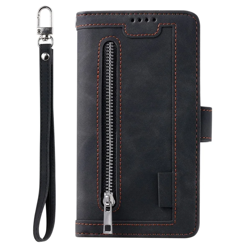 Leather Phone Case for Samsung Galaxy S23 Anti-Fall Protective Cover Multi Card Slot Phone Case with Zipper Wallet / Strap - Black