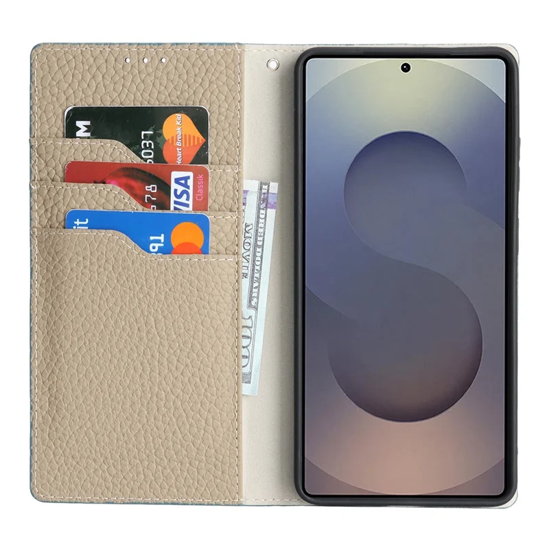 Étui portefeuille pour Samsung Galaxy S26 Ultra, housse en véritable cuir de vache avec texture de litchi - Bleu ciel