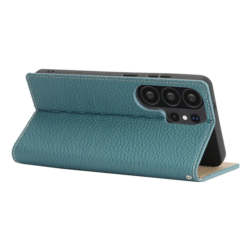 Étui portefeuille pour Samsung Galaxy S26 Ultra, housse en véritable cuir de vache avec texture de litchi - Bleu ciel