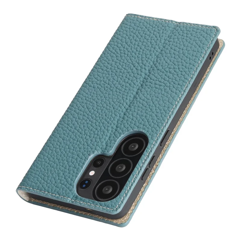 Étui portefeuille pour Samsung Galaxy S26 Ultra, housse en véritable cuir de vache avec texture de litchi - Bleu ciel