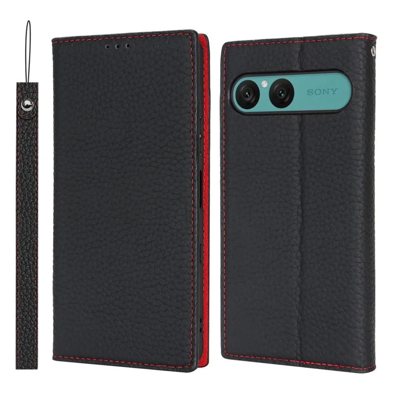 For Sony Xperia 10 VII Wallet Case Genuine Cow Leather Phone Cover Litchi Texture - Black