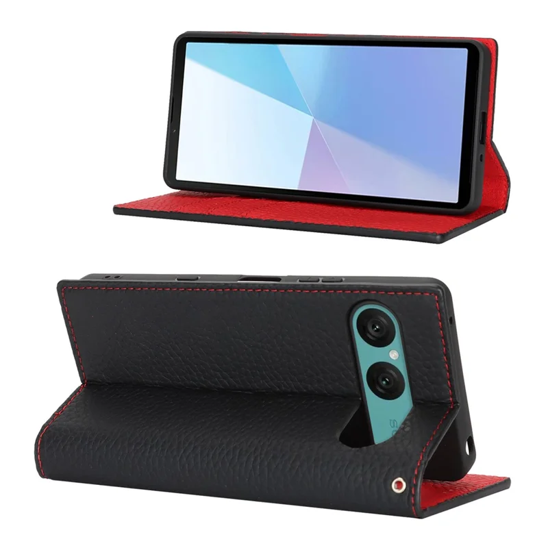 For Sony Xperia 10 VII Wallet Case Genuine Cow Leather Phone Cover Litchi Texture - Black