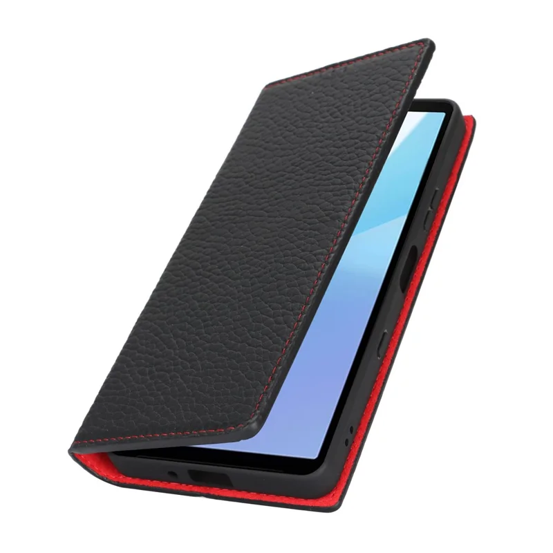 For Sony Xperia 10 VII Wallet Case Genuine Cow Leather Phone Cover Litchi Texture - Black
