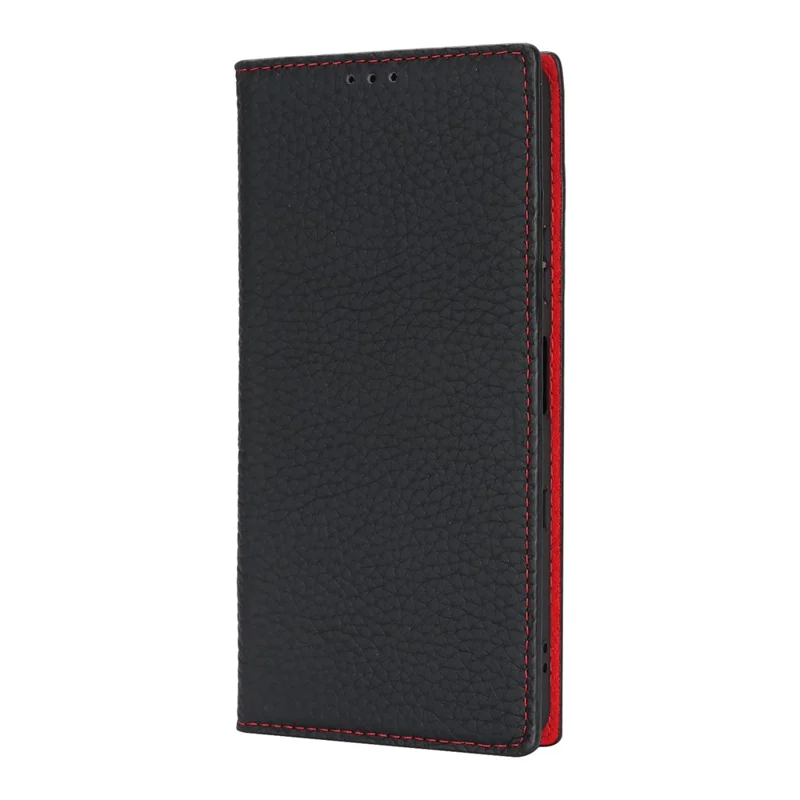 For Sony Xperia 10 VII Wallet Case Genuine Cow Leather Phone Cover Litchi Texture - Black