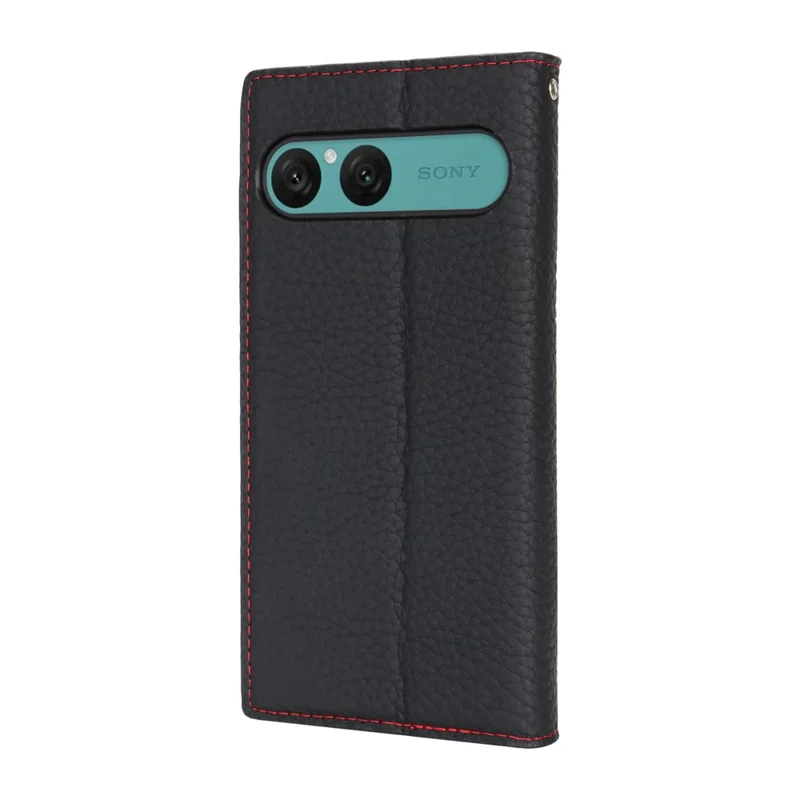 For Sony Xperia 10 VII Wallet Case Genuine Cow Leather Phone Cover Litchi Texture - Black