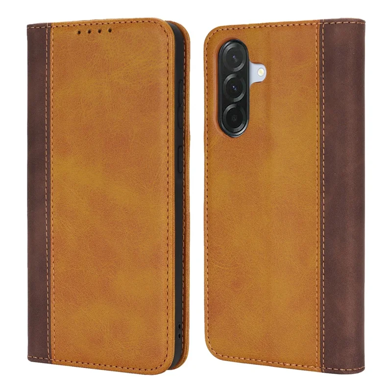 Telebeskyttelse til Samsung Galaxy A56 5G / A36 5G Kalvlæderstruktur med 3 kortpladser, farvesammenstilling i læderlook - Gul+Brun