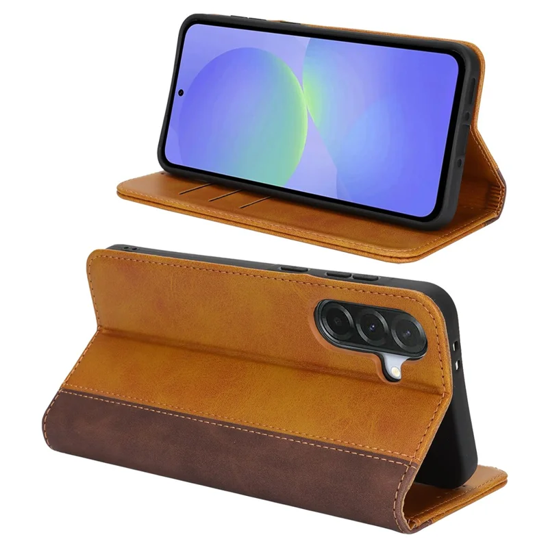 Telebeskyttelse til Samsung Galaxy A56 5G / A36 5G Kalvlæderstruktur med 3 kortpladser, farvesammenstilling i læderlook - Gul+Brun