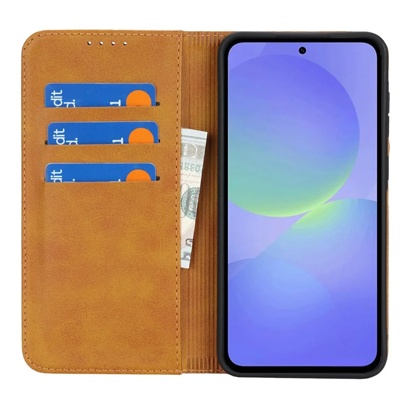 Telebeskyttelse til Samsung Galaxy A56 5G / A36 5G Kalvlæderstruktur med 3 kortpladser, farvesammenstilling i læderlook - Gul+Brun