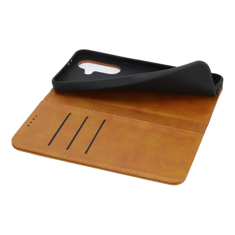 Telebeskyttelse til Samsung Galaxy A56 5G / A36 5G Kalvlæderstruktur med 3 kortpladser, farvesammenstilling i læderlook - Gul+Brun