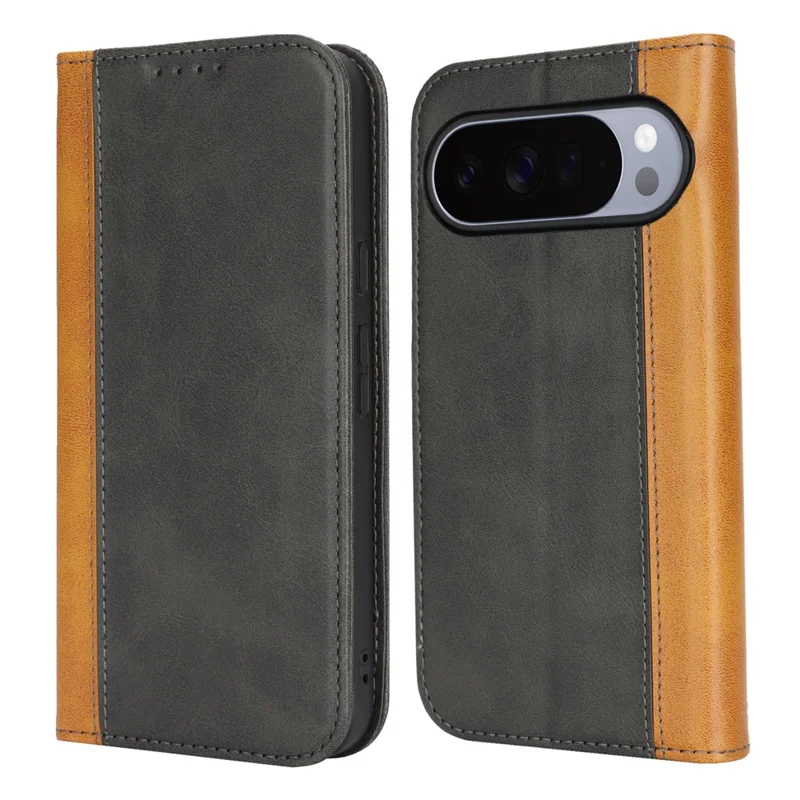 Capa para Google Pixel 10 Pro XL com Textura de Bezerro, Ranhas para 3 Cartões, Capa de Couro com Revestimento Colorido - Preto+Amarelo