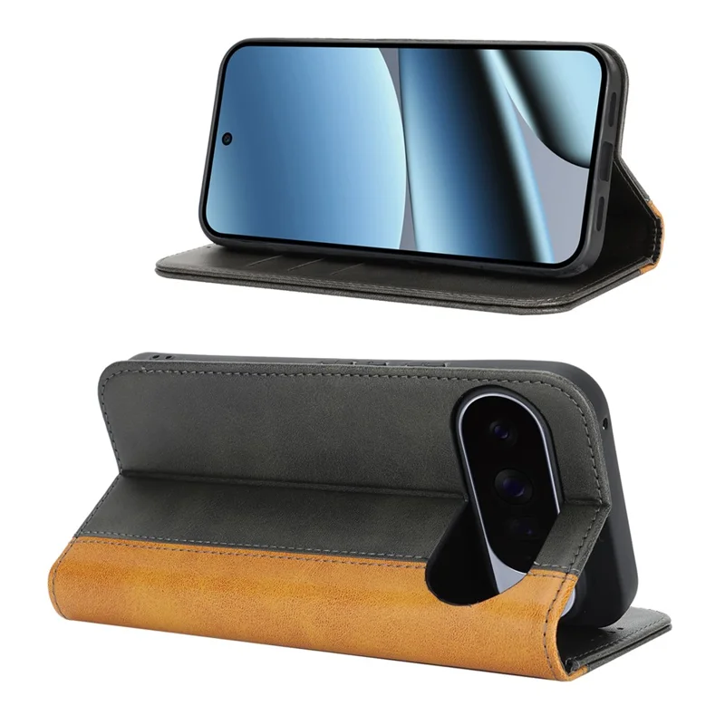 Capa para Google Pixel 10 Pro XL com Textura de Bezerro, Ranhas para 3 Cartões, Capa de Couro com Revestimento Colorido - Preto+Amarelo