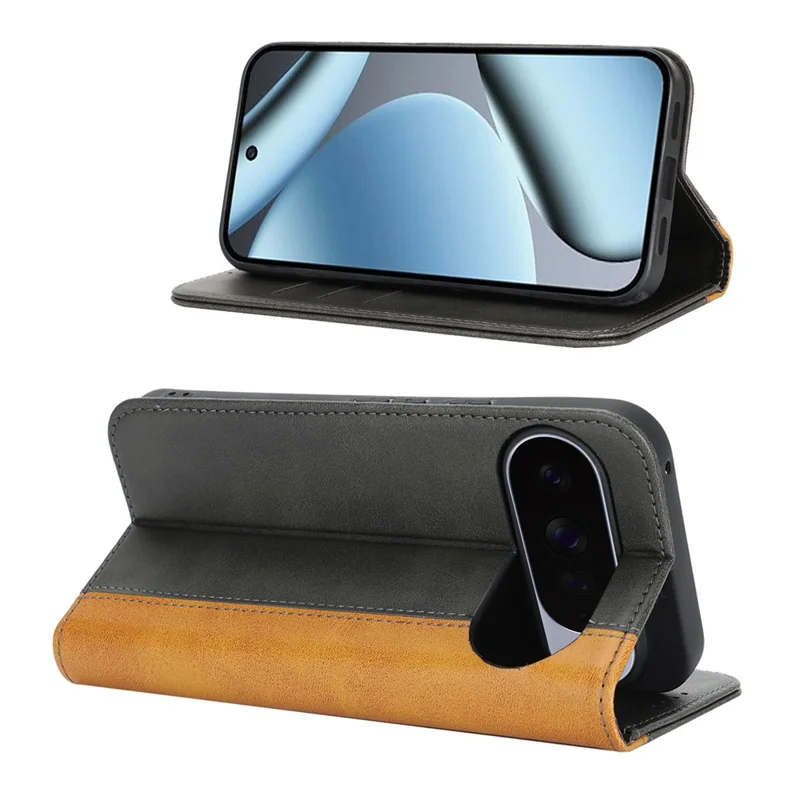 Phone Case For Google Pixel 10  /  10 Pro Calf Texture 3 Card Slots Color Splicing Leather Phone Cover - Black+Yellow