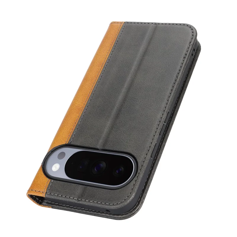 Phone Case For Google Pixel 10  /  10 Pro Calf Texture 3 Card Slots Color Splicing Leather Phone Cover - Black+Yellow