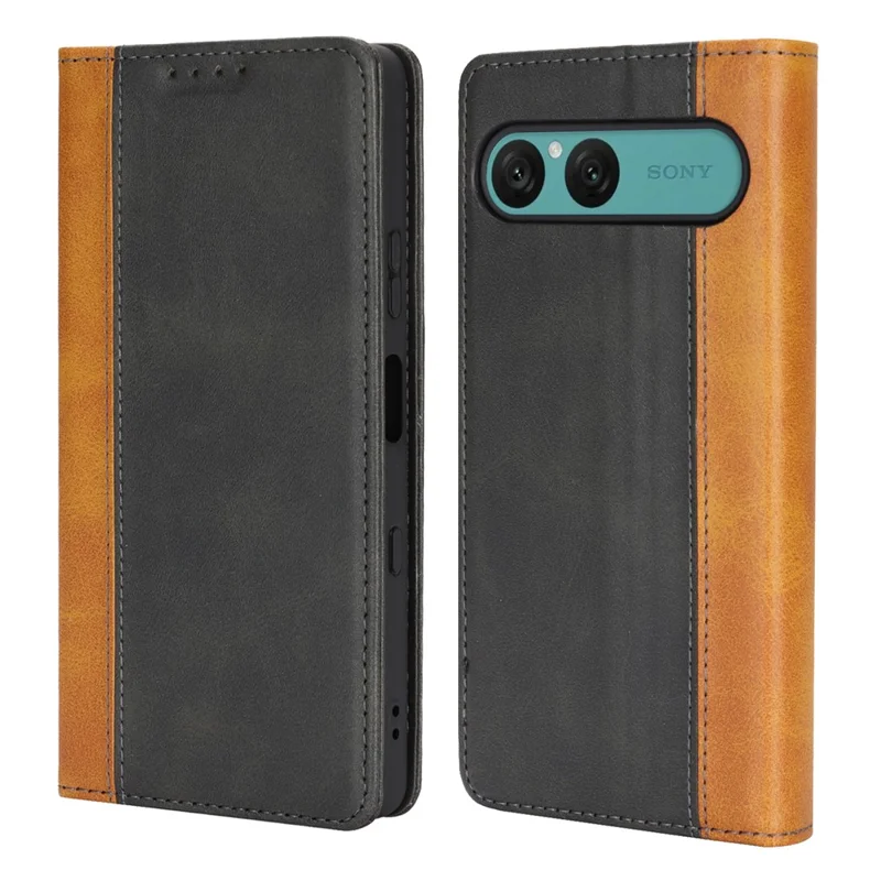 Til Sony Xperia 10 VII Etui med Kalvlæderstruktur 3 Kortfelter Farvefliseret Læderdæksel - Sort+Gul