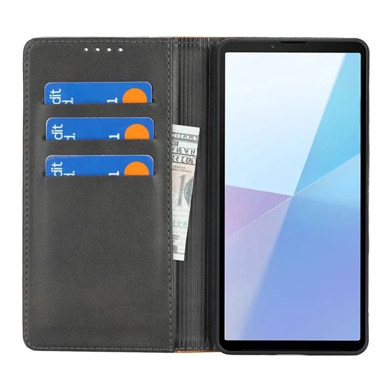 Til Sony Xperia 10 VII Etui med Kalvlæderstruktur 3 Kortfelter Farvefliseret Læderdæksel - Sort+Gul
