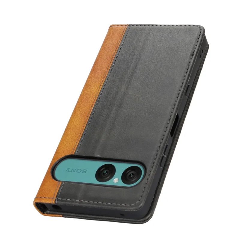 Til Sony Xperia 10 VII Etui med Kalvlæderstruktur 3 Kortfelter Farvefliseret Læderdæksel - Sort+Gul