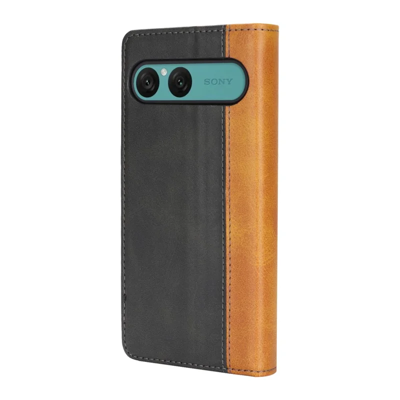 Til Sony Xperia 10 VII Etui med Kalvlæderstruktur 3 Kortfelter Farvefliseret Læderdæksel - Sort+Gul