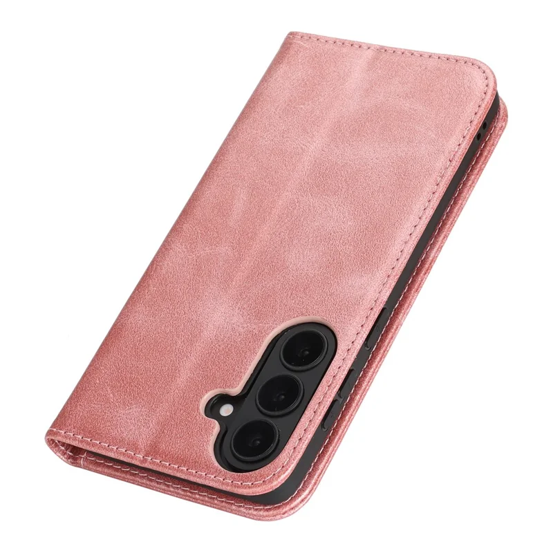 For Samsung Galaxy S26 Case PU Leather Calf Textured Magnetic Closing Smart Phone Cover - Rose Gold