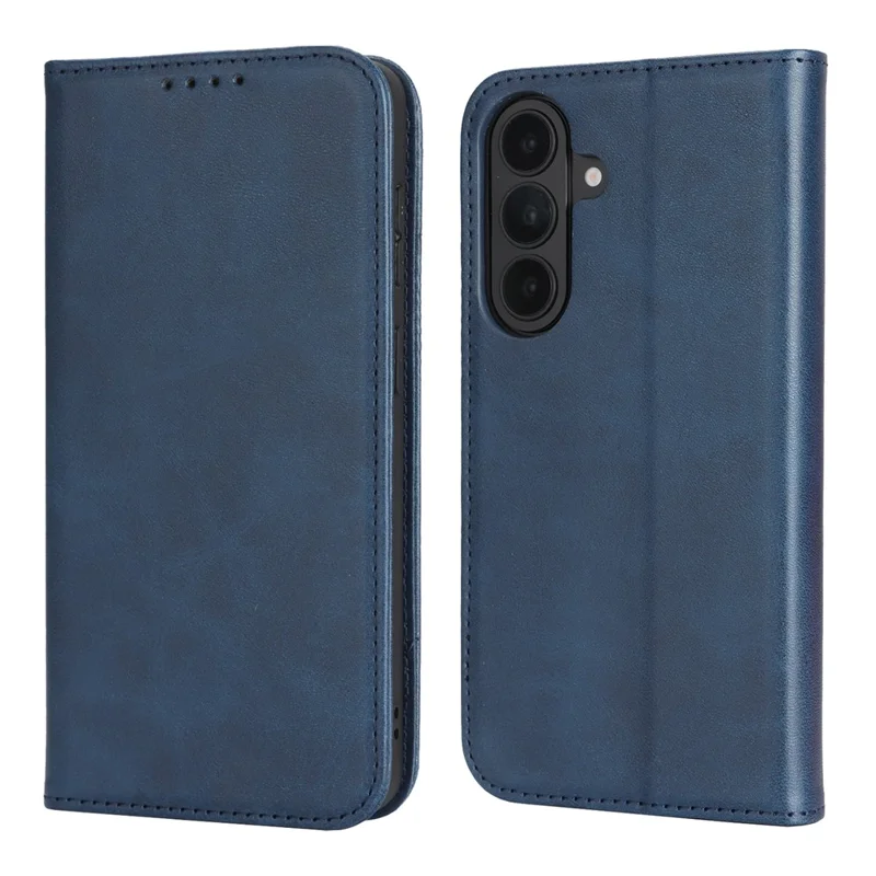 For Samsung Galaxy S26 Case PU Leather Calf Textured Magnetic Closing Smart Phone Cover - Dark Blue