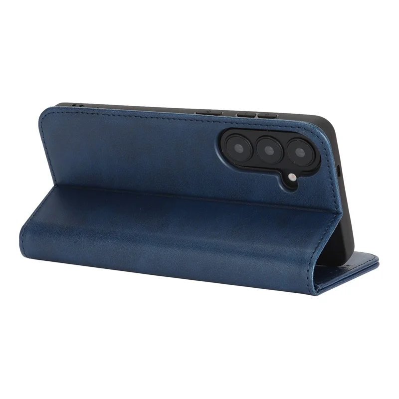 For Samsung Galaxy S26 Case PU Leather Calf Textured Magnetic Closing Smart Phone Cover - Dark Blue