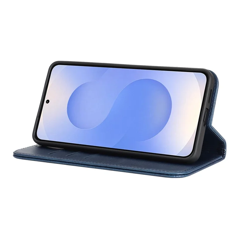 For Samsung Galaxy S26 Case PU Leather Calf Textured Magnetic Closing Smart Phone Cover - Dark Blue