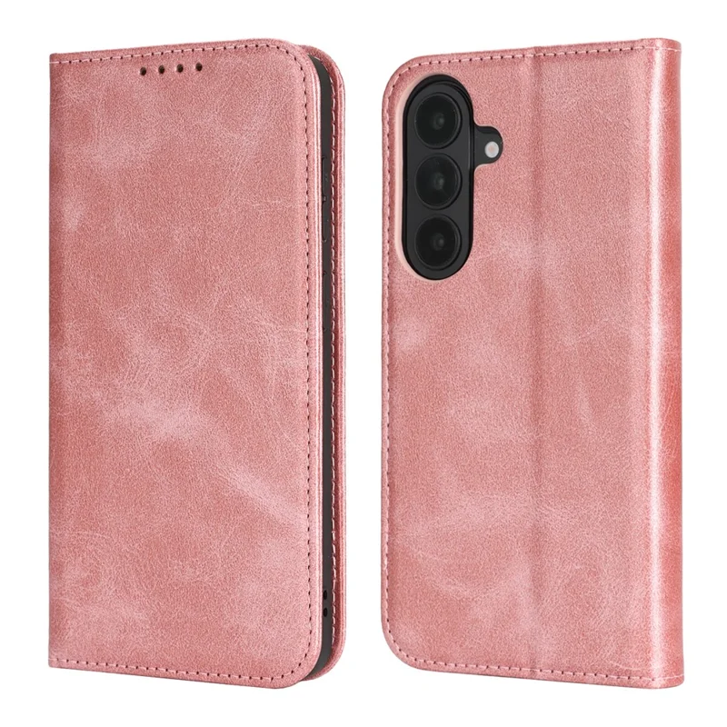 For Samsung Galaxy S26+ Case PU Leather Calf Textured Magnetic Closing Smart Phone Cover - Rose Gold
