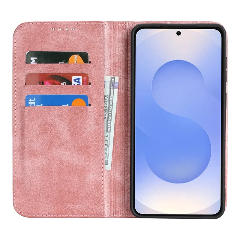 For Samsung Galaxy S26+ Case PU Leather Calf Textured Magnetic Closing Smart Phone Cover - Rose Gold