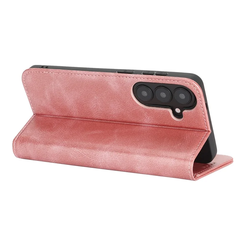 For Samsung Galaxy S26+ Case PU Leather Calf Textured Magnetic Closing Smart Phone Cover - Rose Gold