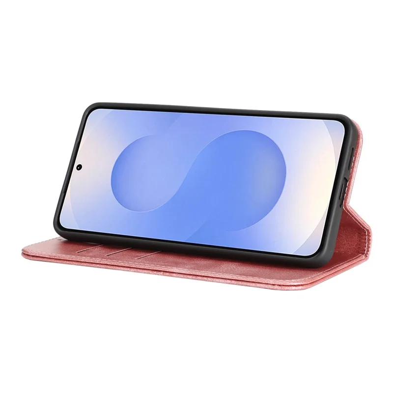 For Samsung Galaxy S26+ Case PU Leather Calf Textured Magnetic Closing Smart Phone Cover - Rose Gold