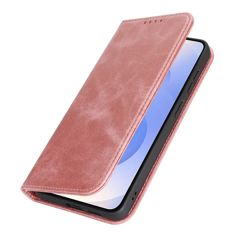 For Samsung Galaxy S26+ Case PU Leather Calf Textured Magnetic Closing Smart Phone Cover - Rose Gold