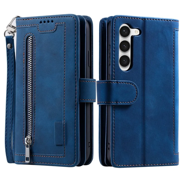 Anti-Fall Phone Case für Samsung Galaxy S23+ Stoßfeste Lederhülle mit Mehrfach-Kartenschlitz Telefonhülle mit Reißverschlusstasche/Trageriemen - Blau