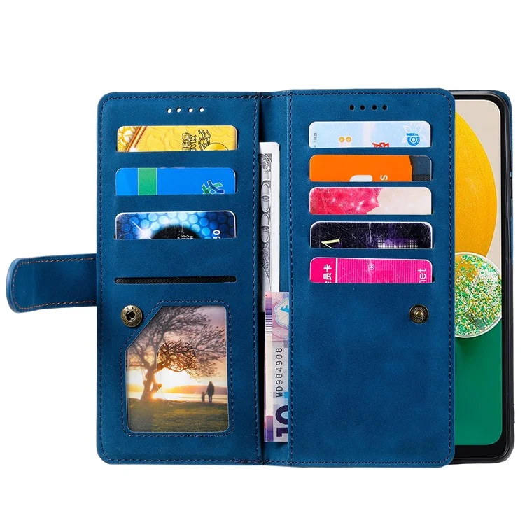 Anti-Fall Phone Case für Samsung Galaxy S23+ Stoßfeste Lederhülle mit Mehrfach-Kartenschlitz Telefonhülle mit Reißverschlusstasche/Trageriemen - Blau