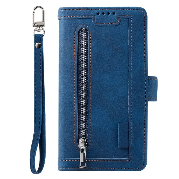 Anti-Fall Phone Case für Samsung Galaxy S23+ Stoßfeste Lederhülle mit Mehrfach-Kartenschlitz Telefonhülle mit Reißverschlusstasche/Trageriemen - Blau