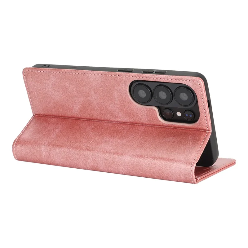 For Samsung Galaxy S26 Ultra Case PU Leather Calf Textured Magnetic Closing Smart Phone Cover - Rose Gold